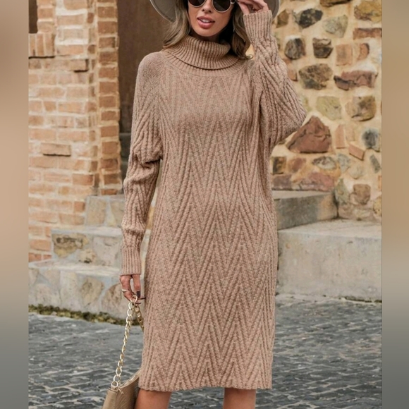 New Boho Chevron Knit Turtleneck Sweater Dress Camel Tan Beige - Picture 3 of 7